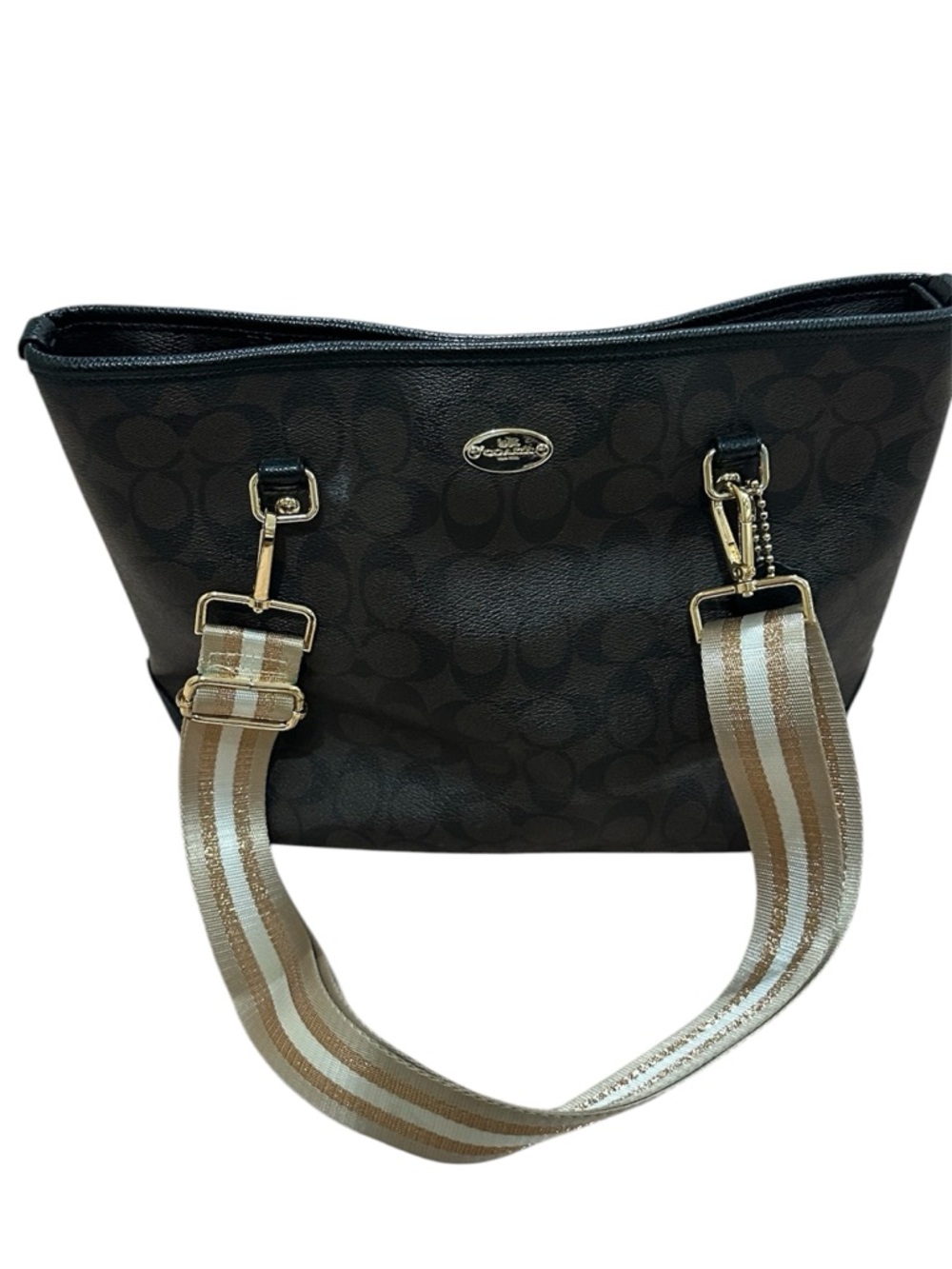 Coach Brown Signature Tote with Gold Hardware and Striped Strap